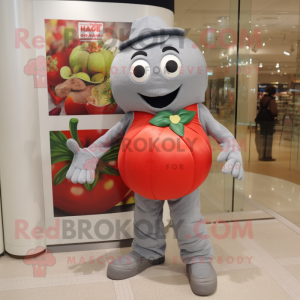 Gray Tomato mascot costume character dressed with a Jeans and Messenger bags