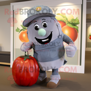 Gray Tomato mascot costume character dressed with a Jeans and Messenger bags