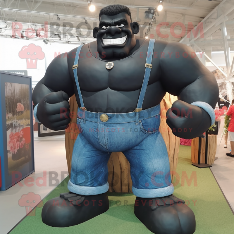 Black Strongman mascot costume character dressed with a Denim Shirt and Anklets