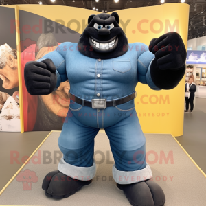 Black Strongman mascot costume character dressed with a Denim Shirt and Anklets