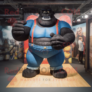 Black Strongman mascot costume character dressed with a Denim Shirt and Anklets