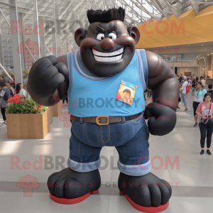 Black Strongman mascot costume character dressed with a Denim Shirt and Anklets