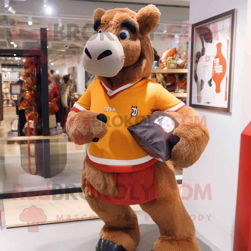 Rust Camel mascot costume character dressed with a Rugby Shirt and Clutch bags Rust Camel mascot costume character dressed with a Rugby Shirt and Clutch bags