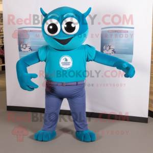 Teal Spider mascot costume character dressed with a Henley Shirt and Belts