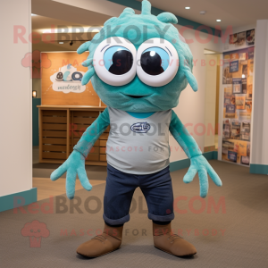 Teal Spider mascot costume character dressed with a Henley Shirt and Belts