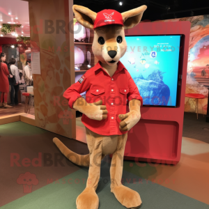 Red Kangaroo mascot costume character dressed with a Bootcut Jeans and Bracelet watches