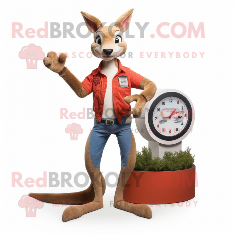 Red Kangaroo mascot costume character dressed with a Bootcut Jeans and Bracelet watches