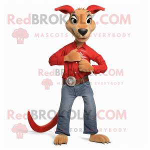 Red Kangaroo mascot costume character dressed with a Bootcut Jeans and Bracelet watches