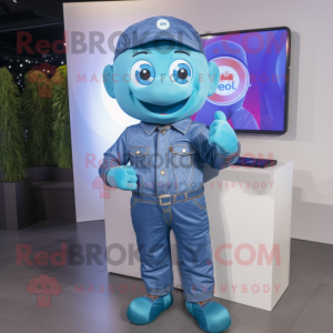Cyan Rainbow mascot costume character dressed with a Denim Shirt and Smartwatches