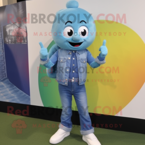 Cyan Rainbow mascot costume character dressed with a Denim Shirt and Smartwatches