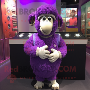 Purple Merino Sheep mascot costume character dressed with a Dress and Bracelet watches