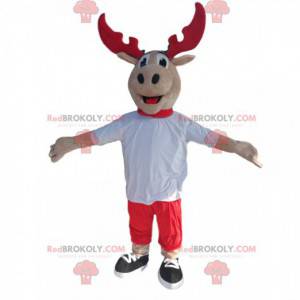 Mascotte de renne avec des bois rouges et un maillot blanc -