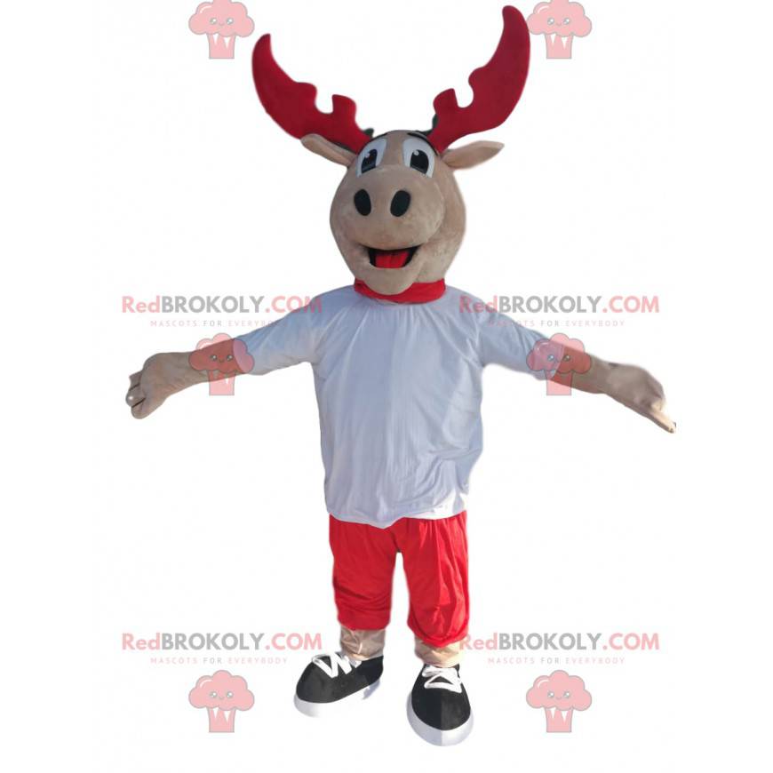 Reindeer mascot with red antlers and a white jersey -