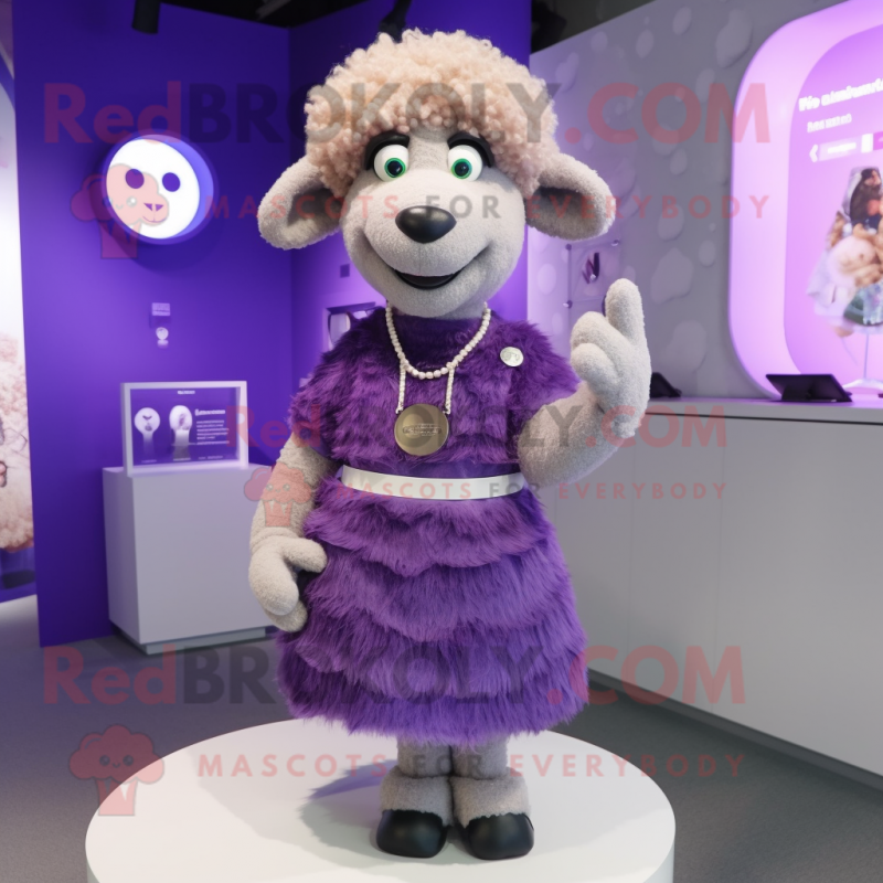 Purple Merino Sheep mascot costume character dressed with a Dress and Bracelet watches