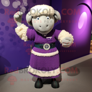Purple Merino Sheep mascot costume character dressed with a Dress and Bracelet watches