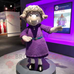 Purple Merino Sheep mascot costume character dressed with a Dress and Bracelet watches