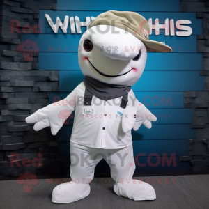 White Humpback Whale mascot costume character dressed with a Chinos and Suspenders