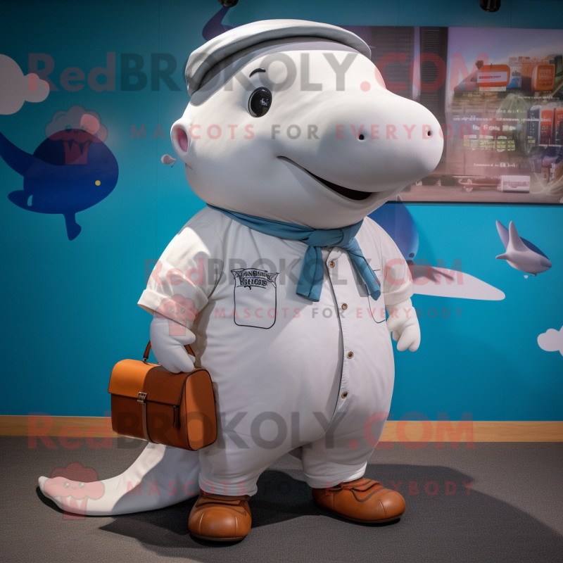 White Humpback Whale mascot costume character dressed with a Chinos and Suspenders