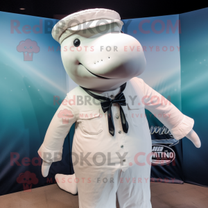 White Humpback Whale mascot costume character dressed with a Chinos and Suspenders