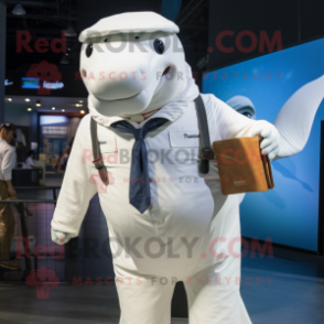 White Humpback Whale mascot costume character dressed with a Chinos and Suspenders