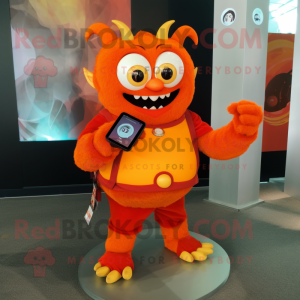 Orange Demon mascot costume character dressed with a Wrap Skirt and Smartwatches