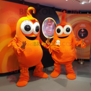 Orange Demon mascot costume character dressed with a Wrap Skirt and Smartwatches