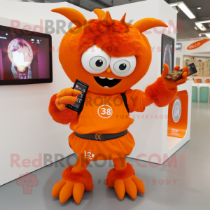 Orange Demon mascot costume character dressed with a Wrap Skirt and Smartwatches