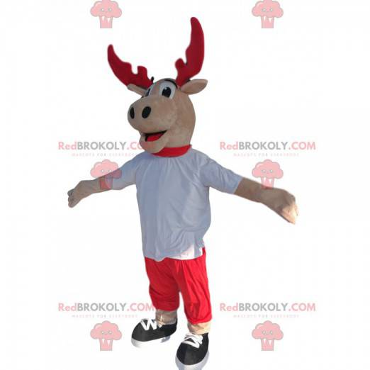 Reindeer mascot with red antlers and a white jersey -