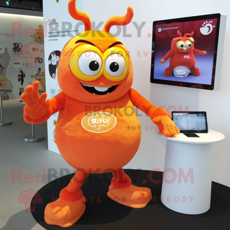 Orange Demon mascot costume character dressed with a Wrap Skirt and Smartwatches Orange Demon mascot costume character dressed with a Wrap Skirt and Smartwatches