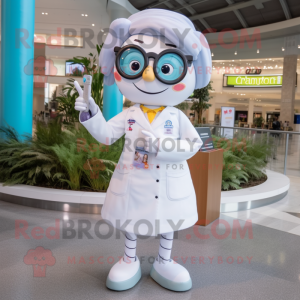 White Doctor mascot costume character dressed with a Dress and Reading glasses