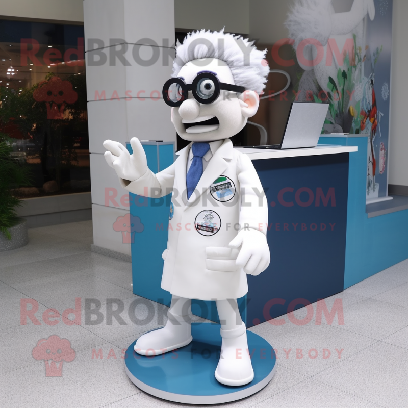 White Doctor mascot costume character dressed with a Dress and Reading glasses White Doctor mascot costume character dressed with a Dress and Reading glasses