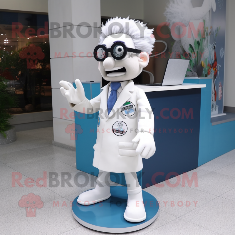 White Doctor mascot costume character dressed with a Dress and Reading glasses