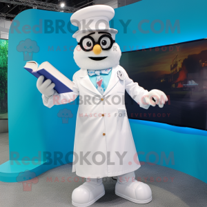 White Doctor mascot costume character dressed with a Dress and Reading glasses