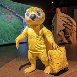 Lemon Yellow Pangolin mascot costume character dressed with a Board Shorts and Tote bags