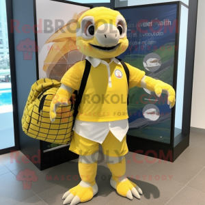 Lemon Yellow Pangolin mascot costume character dressed with a Board Shorts and Tote bags