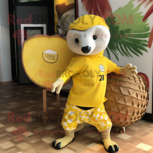 Lemon Yellow Pangolin mascot costume character dressed with a Board Shorts and Tote bags