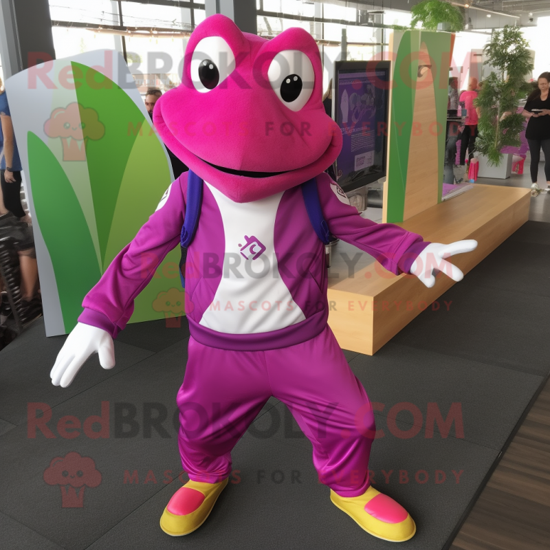 Magenta Frog mascot costume character dressed with a Joggers and Brooches Magenta Frog mascot costume character dressed with a Joggers and Brooches