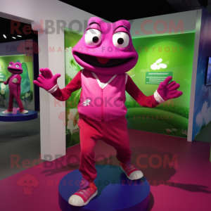 Magenta Frog mascot costume character dressed with a Joggers and Brooches