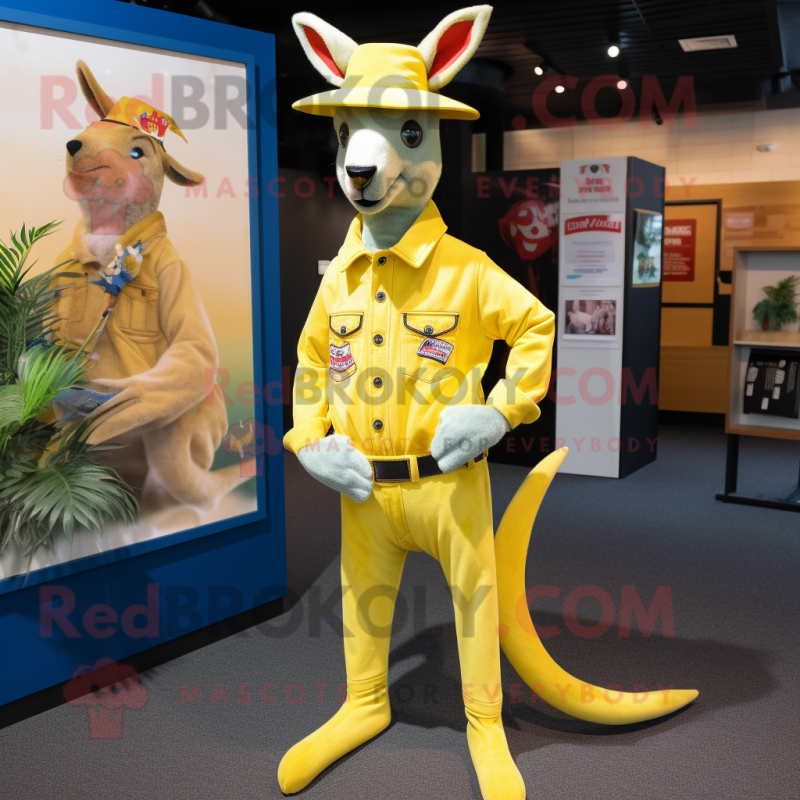 Lemon Yellow Kangaroo mascot costume character dressed with a Flare Jeans and Lapel pins