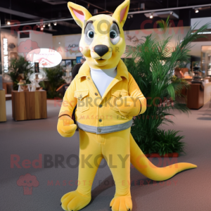Lemon Yellow Kangaroo mascot costume character dressed with a Flare Jeans and Lapel pins