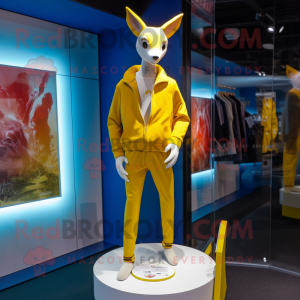 Lemon Yellow Kangaroo mascot costume character dressed with a Flare Jeans and Lapel pins
