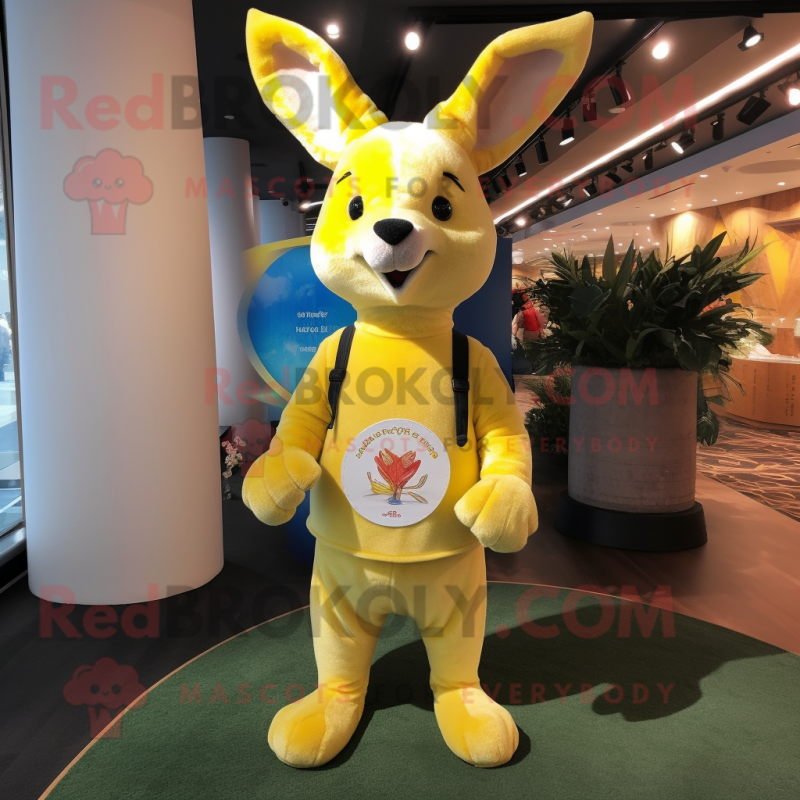 Lemon Yellow Kangaroo mascot costume character dressed with a Flare Jeans and Lapel pins