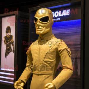 Gold Gi Joe mascot costume character dressed with a One-Piece Swimsuit and Lapel pins