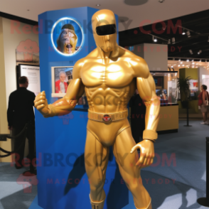 Gold Gi Joe mascot costume character dressed with a One-Piece Swimsuit and Lapel pins