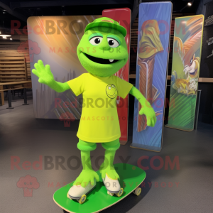 Lime Green Skateboard mascot costume character dressed with a Shift Dress and Necklaces