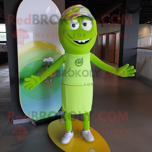 Lime Green Skateboard mascot costume character dressed with a Shift Dress and Necklaces