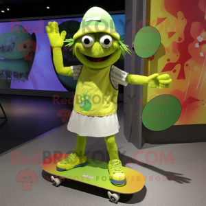 Lime Green Skateboard mascot costume character dressed with a Shift Dress and Necklaces