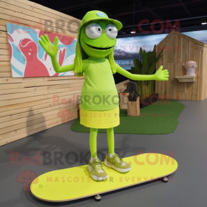 Lime Green Skateboard mascot costume character dressed with a Shift Dress and Necklaces