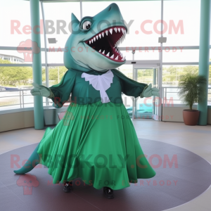 Green Megalodon mascot costume character dressed with a A-Line Skirt and Lapel pins