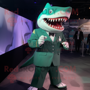 Green Megalodon mascot costume character dressed with a A-Line Skirt and Lapel pins